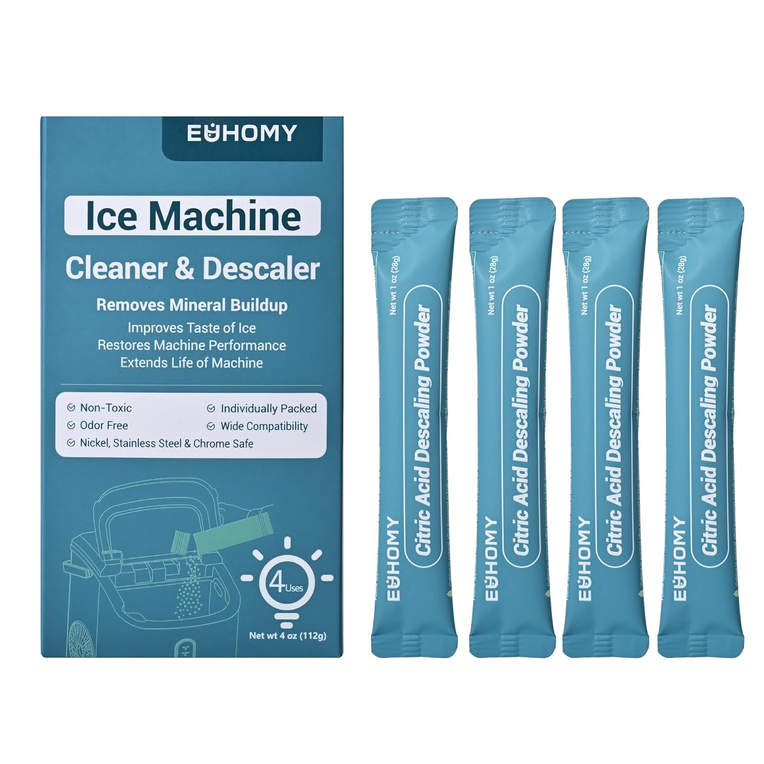 EUHOMY Ice Maker Cleaner & Descaler | 4 Use & EUHOMY Ice Maker Cleaner & Descaler | 4 Use & Individually Packed | Ice Machine Cleaner with Organic Citric Acid Descaling Powder, Ideal for All Brands
