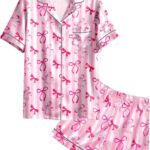Nidoul Girls Pajamas Satin Pajama Set Silk Pjs Short Sleeve Button Down Summer Bow Sleepwear for Big Kids 7-14Y