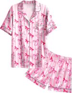 Nidoul Girls Pajamas Satin Pajama Set Silk Pjs Short Sleeve Button Down Summer Bow Sleepwear for Big Kids 7-14Y