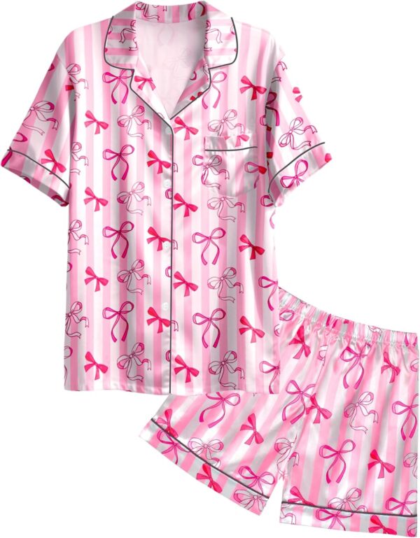 Nidoul Girls Pajamas Satin Pajama Set Silk Pjs Short Sleeve Button Down Summer Bow Sleepwear for Big Kids 7-14Y