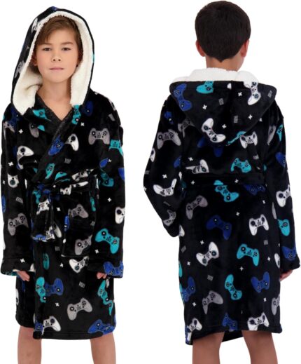Hooded Plush Robe For Boys- Fluffy Winter PJ Robe With Pockets, Hoodie & Belt- Boys And Teens’ Ultra-Soft Bathrobe