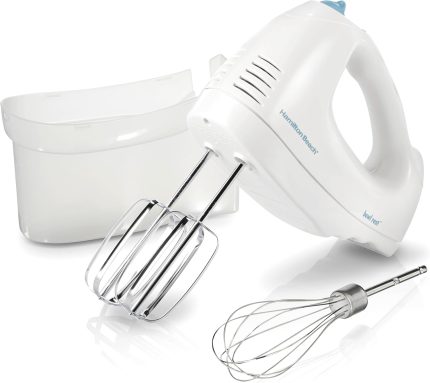 Hamilton Beach 6-Speed Electric Hand Mixer with Whisk, Traditional Beaters, Snap-On Storage Case, 250 Watts, White