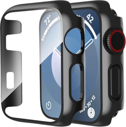 Smiling 2 Pack Compatible with Apple Watch Series 3/Series 2 38mm with Tempered Glass Screen Protector, Hard PC Case Overall Protective Cover- Black