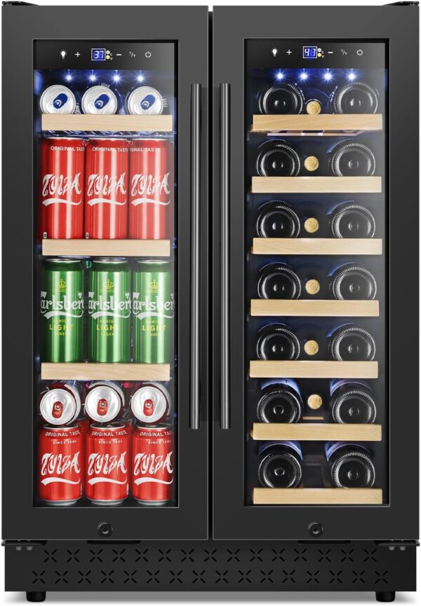 Tylza 24 Inch Wine and Beverage Refrigerator, Dual Zone Wine Beverage Cooler 24" with French Door, Under Counter Wine Beer Fridge Built-In or Freestanding, Holds 20 Bottles and 88 Cans, Black