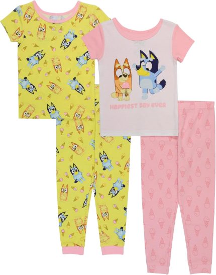 Bluey girls 4-piece Snug-fit Cotton Pajama Set, Soft & Cute for Kids