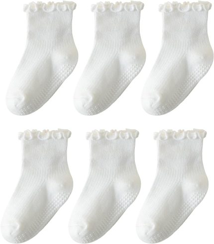 6 Pairs Toddler Ruffle Socks for Girls Baby Grip Socks Non Slip Socks Cute Grippy Frilly