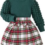 Noubeau Toddler Girls Plaid Outfits Girls Puff Sleeve Knit Ribbed Shirt Tops Plaid Skirt Set Kids Fall Winter Clothes