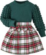 Noubeau Toddler Girls Plaid Outfits Girls Puff Sleeve Knit Ribbed Shirt Tops Plaid Skirt Set Kids Fall Winter Clothes