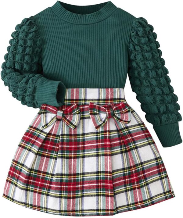 Noubeau Toddler Girls Plaid Outfits Girls Puff Sleeve Knit Ribbed Shirt Tops Plaid Skirt Set Kids Fall Winter Clothes