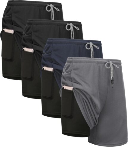 4 Pack Mens 2 in 1 Running Workout Shorts with Liner, Gym Athletic Quick Dry Sport Shorts with Pockets