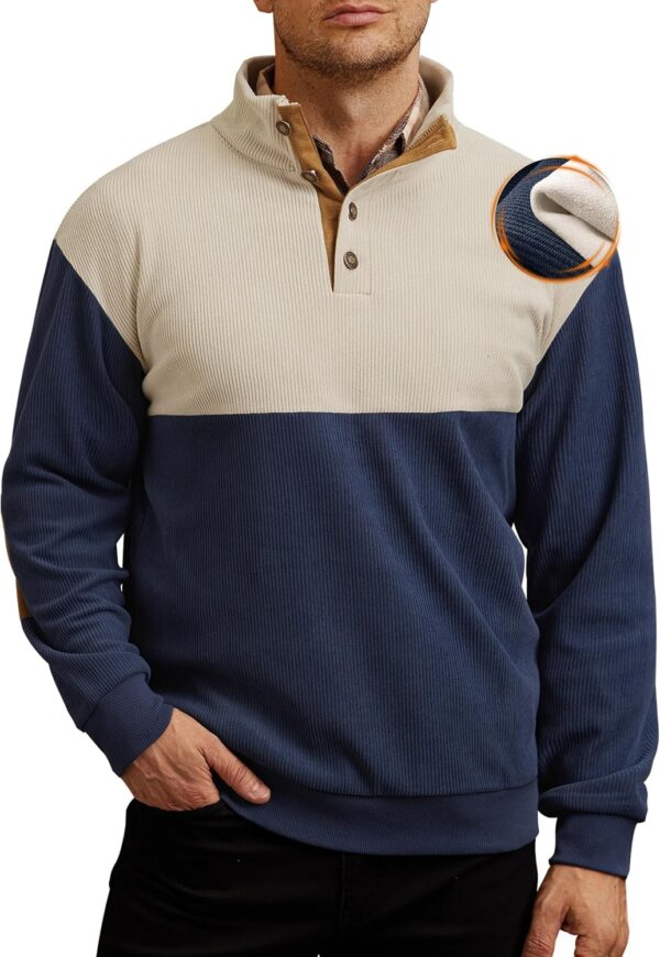 Mens Corduroy Fleece-Lined Sweatshirts Winter Heavyweight Casual Fashion Button Pullover (S-3XL)