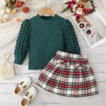 Noubeau Toddler Girls Plaid Outfits Girls Puff Sleeve Knit Ribbed Shirt Tops Plaid Skirt Set Kids Fall Winter Clothes - Image 4