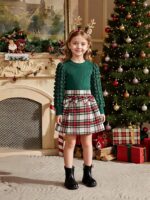 Noubeau Toddler Girls Plaid Outfits Girls Puff Sleeve Knit Ribbed Shirt Tops Plaid Skirt Set Kids Fall Winter Clothes - Image 2