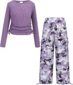 Girls Clothes Tween Girl Clothing Long Sleeve Ruched Drawstring Ribbed Knit Top Camo Cargo Pants Fall Winter Outfits
