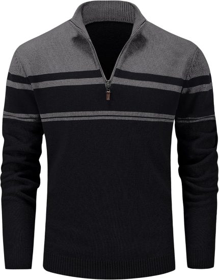 MAGCOMSEN Men's Sweaters 1/4 Zip Cotton Sweater Pullover Polo Sweaters Striped Fall Winter Warm Sweatshirts