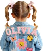 Personalized Kids Denim Jean Jacket with Name Patches, Custom Long Sleeve Jacket for Boys & Girls, Back to School, Personalized 1-10T Year Birthday Christmas Gifts for Baby Girl Toddler Clothes