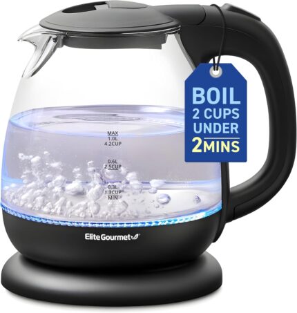 Elite Gourmet EKT1001 Electric 1.0L BPA-Free 1100W Glass Kettle Cordless 360° Base, Stylish Blue LED Interior, Handy Auto Shut-Off Function – Quickly Boil Water For Tea & More, Black