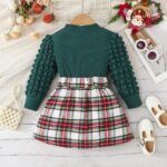 Noubeau Toddler Girls Plaid Outfits Girls Puff Sleeve Knit Ribbed Shirt Tops Plaid Skirt Set Kids Fall Winter Clothes - Image 5
