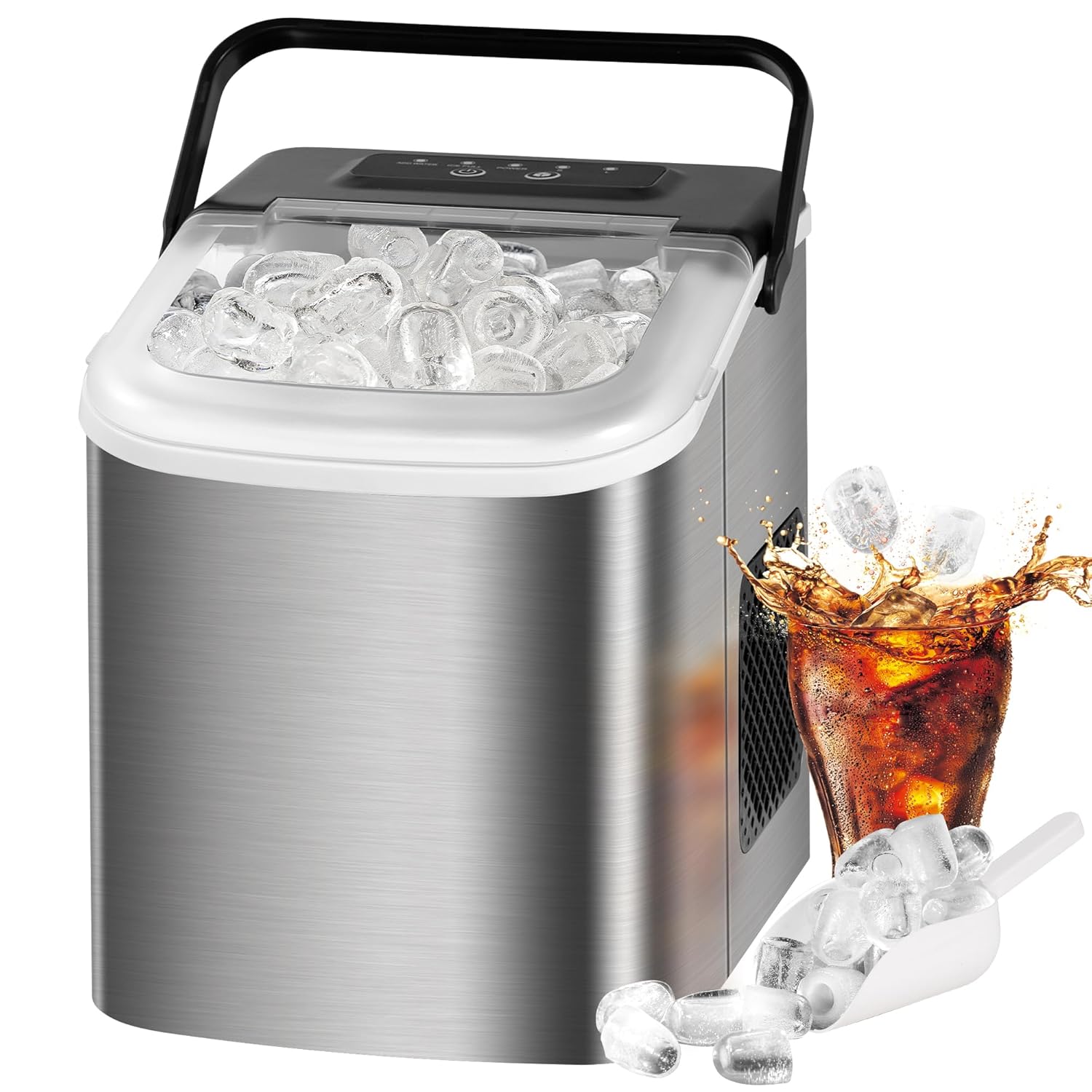 MAXEVE Ice Maker Countertop, 34LBs/24H Ice Machine, 2 Bullet Size, MAXEVE Ice Maker Countertop, 34LBs/24H Ice Machine, 2 Bullet Size, Fast Making 9Cubs in 5 Mins, Portable Ice Maker Machine with Self Cleaning, Ice Basket, Ice Scoop for Home/Office/Bar (Silver)