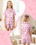 Nidoul Girls Pajamas Satin Pajama Set Silk Pjs Short Sleeve Button Down Summer Bow Sleepwear for Big Kids 7-14Y - Image 2