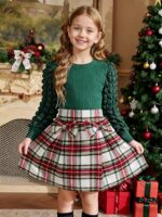 Noubeau Toddler Girls Plaid Outfits Girls Puff Sleeve Knit Ribbed Shirt Tops Plaid Skirt Set Kids Fall Winter Clothes - Image 3