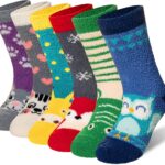 Eyean Kids Fuzzy Socks Non Slip Soft Fluffy Slipper Grips Socks Warm Plush Cozy Cabin Boy Girls Crew Socks 6 Pairs