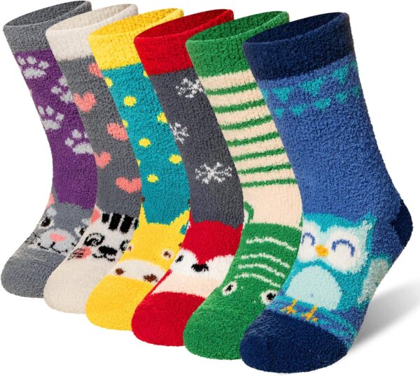 Eyean Kids Fuzzy Socks Non Slip Soft Fluffy Slipper Grips Socks Warm Plush Cozy Cabin Boy Girls Crew Socks 6 Pairs