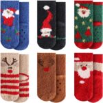 October Elf Christmas Fuzzy Socks for Kids Plush Cartoon Non Slip Slipper Winter Warm Fleece Socks with Gift Box Pack of 6