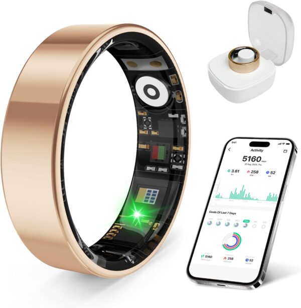 prxxhri Smart Health Ring, Featuring Stress and Sleep Monitoring Functions, Compatible with iOS and Android, Waterproof Fitness Tracker for Women & Men, No Subscription Fee. (Rose Gold, 9)