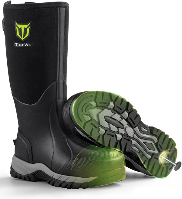 TIDEWE Work Boots Puncture-Proof with Steel Toe & Shank, Waterproof Anti Slip Rubber Boots for men, 6mm Neoprene Outdoor Boots, Durable Hunting Boots for Manufacturing, Construction, Farming(Black,Size 7-13)