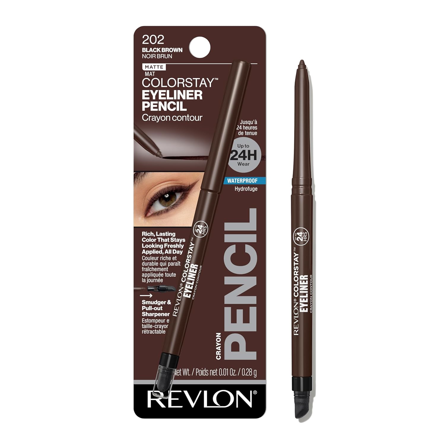 Revlon ColorStay Pencil Waterproof Eyeliner, Smudge-Proof, Eye Makeup with Built-In Revlon ColorStay Pencil Waterproof Eyeliner, Smudge-Proof, Eye Makeup with Built-In Sharpener, 202 Black Brown, 0.01 oz