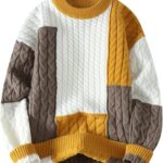 GURUNVANI Mens Patchwork Sweater Colorblock Knit Jumper Vintage Cable Knitted Pullover Sweater