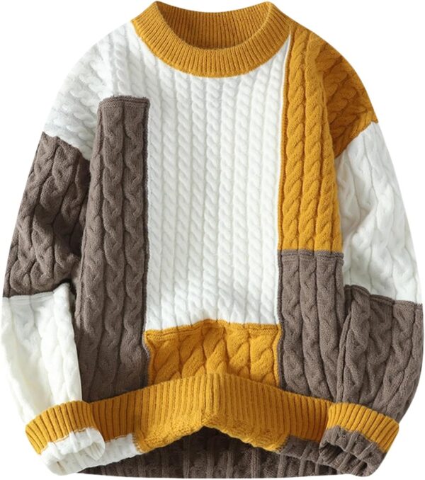 GURUNVANI Mens Patchwork Sweater Colorblock Knit Jumper Vintage Cable Knitted Pullover Sweater