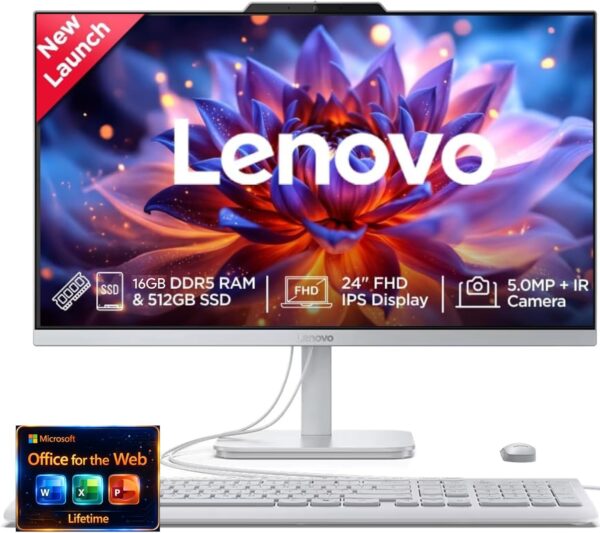 Lenovo 24" FHD All-in-One (AIO) Desktop - 16GB RAM - 512GB SSD - Intel Core - Office 365 for The Web | Stylish & Sleek - Stunning Display - Easy Task Management & Clear Calls - Fast & Quick Access