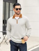 COOFANDY Mens Quarter Zip Pullover Mock Neck Quilted Sweatshirt Casual Long Sleeve Polo Sweater - Image 3