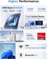 KAMRUI Pinova P2 Mini PC, AMD Ryzen 4300U(Beats 3500U/3200U/N150,Up to 3.7 GHz) Mini Computers, 16GB RAM 512GB SSD Mini Desktop Computers, Triple 4K Display/HDMI+DP+Type-C/WiFi/BT for Home/Business - Image 3