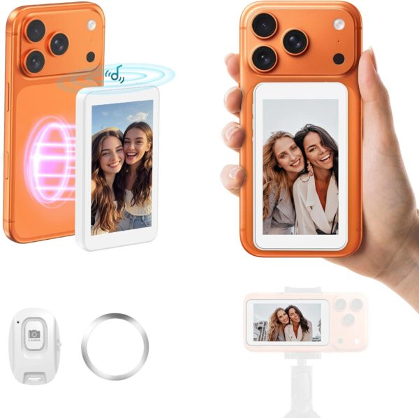Vlog Selfie Monitor Screen for iPhone 17 Series & Android, Wireless Magnetic Built-in Speaker 4K/1080P Phone Back Camera Monitor with Remote Control for Live Stream TikTok (White)