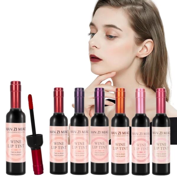 Watvsk Wine Lip Tint Gloss Set Wine Bottle Lip of 6 Colors for Women Long-Lasting with Non-Drying Formula for Soft Natural Lips Daily & Party Makeup Kit Feather-Light Waterproof Stain Set