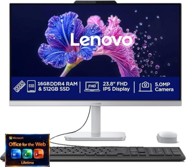 Lenovo 24" FHD All-in-One Desktop Computer - 16GB RAM - 512GB SSD - Intel 13th 8 Cores i3 CPU (Beat 11th i5) - Keyboard and Mouse - Windows 11 - Lifetime Office 365 for The Web