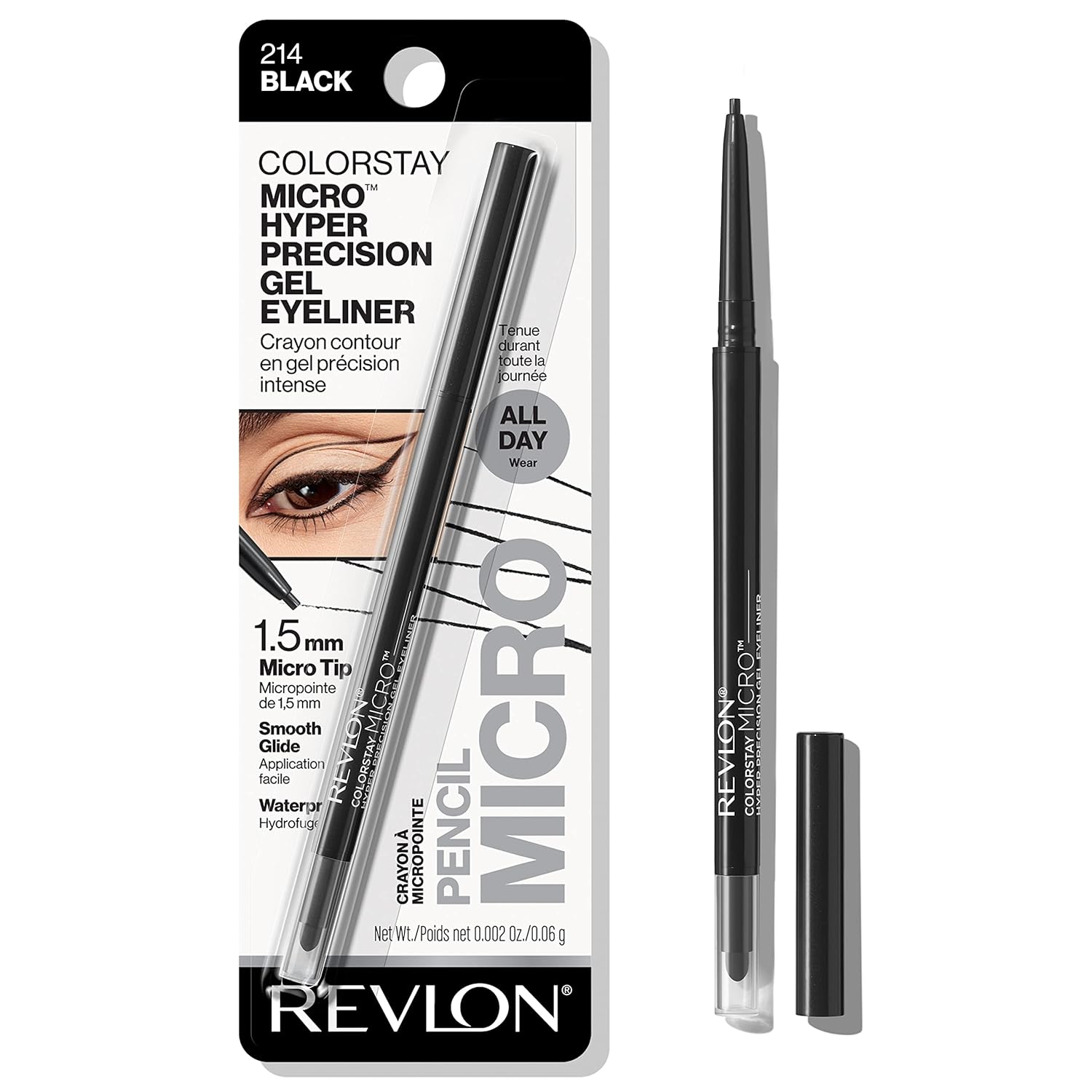 Revlon Gel Eyeliner, ColorStay Micro Hyper Precision Eye Makeup with Revlon Gel Eyeliner, ColorStay Micro Hyper Precision Eye Makeup with Built-in Smudger, Waterproof, Longwearing with Micro Precision Tip, 214 Black, 0.002 oz