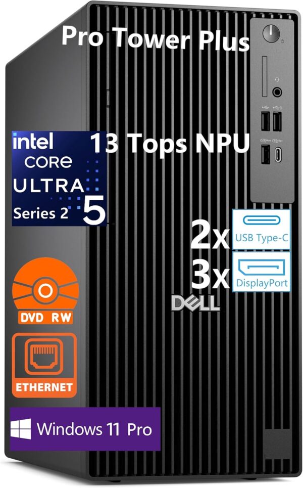 Dell Pro Tower Plus Desktop Computers, Intel Core Ultra 5 235 (13 Tops NPU, 14 cores, up to 5.0GHz), 16GB DDR5 RAM, 512GB PCIe SSD, DVDRW, WiFi Adapter, RJ-45, 3 DisplayPort, 2 Type-C, Windows 11 Pro