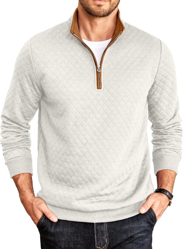 COOFANDY Mens Quarter Zip Pullover Mock Neck Quilted Sweatshirt Casual Long Sleeve Polo Sweater