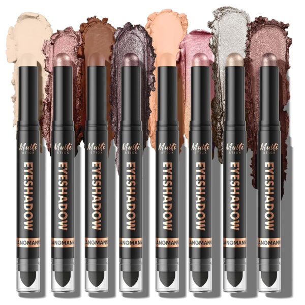 LANGMANNI 8Colors Dual-Ended Cream Eyeshadow Stick Set – Silky Smooth, Waterproof & Transfer-Proof, Built-in Blender Brush, All-Day Matte & Shimmer Wear Eye Makeup(#A)