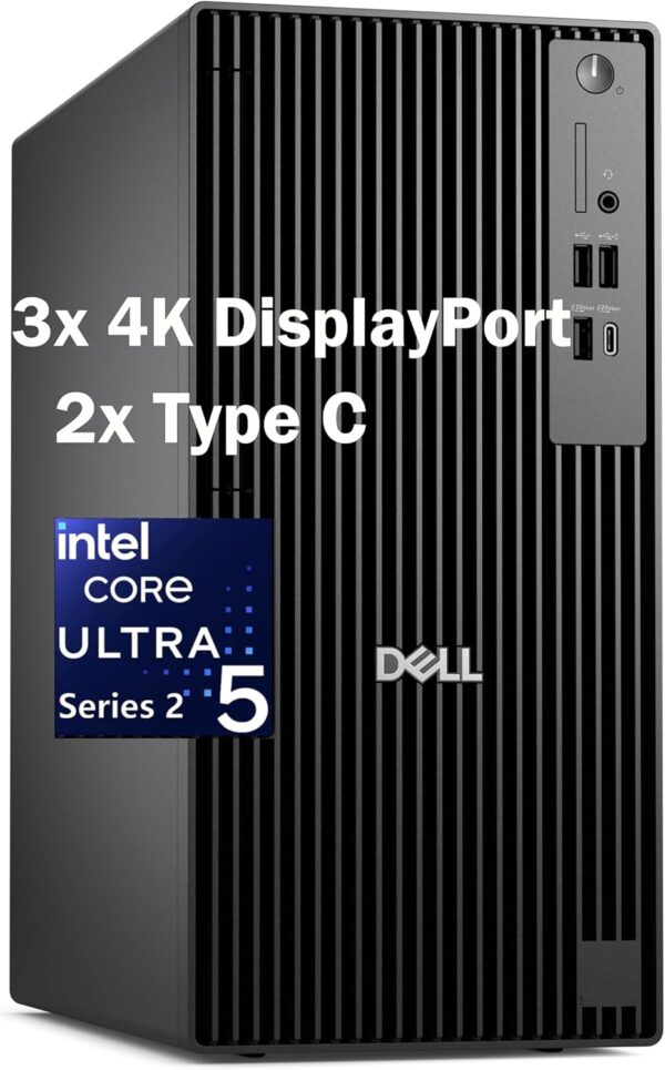 Dell Pro Tower Plus Business Desktop QBT1250, Intel Core Ultra 5 235 AI-Ready Processor, 16GB DDR5 RAM, 512GB PCIe SSD, DVDRW, 3X 4K DisplayPort, 2X Type C, WiFi Adapter, Windows 11 Pro, Office 365