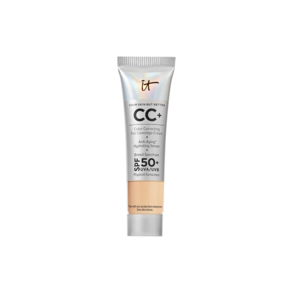 Suggest a better title and return a single title only without any other comments: IT Cosmetics CC+ Cream - Natural Full Coverage Foundation With SPF 50+, Color Corrector & Anti-Aging Hydrating Serum, Hyaluronic Acid + Peptides, Lightweight Up To 24H Wear, All Skin Types
