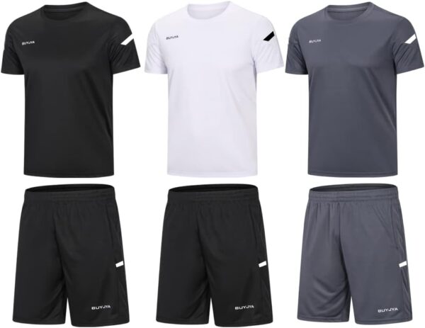 BUYJYA Men's Workout Clothes Athletic Shorts Shirt Set 3 Pack Basketball Football Training Running Gym Christmas gifts