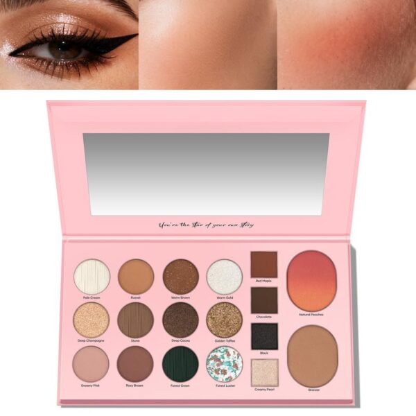 5-in-1 Backed Eyeshadow Makeup Palette with Blush Bronzer Highlighter, Natural Nude Eye Shadow Palettes 18 Colors Matte Shimmer Glitter Tone Long Lasting Smudge-Proof, Ideal Gifts for Women