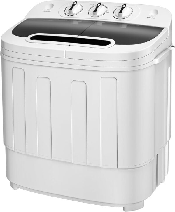 SUPER DEAL Compact Mini Twin Tub Washing Machine 13lbs Capacity Portable Washer Wash and Spin Cycle Combo, Built-in Gravity Drain for Camping, Apartments, Dorms, College, RV’s and Small Spaces