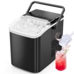 Sweetcrispy Countertop Ice Maker Machine, Portable Self-Cleaning Ice Machine with Ice Scoop, Basket and Handle, 9 Cubes in 6 Mins, 26.5lbs/24Hrs, 2 Sizes of Bullet Ice for Home Kitchen, Coal Black
