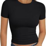 Trendy Queen Womens Short Sleeve T Shirts Summer Crop Tops Basic Slim Fit Gym Workout Y2k Clothes